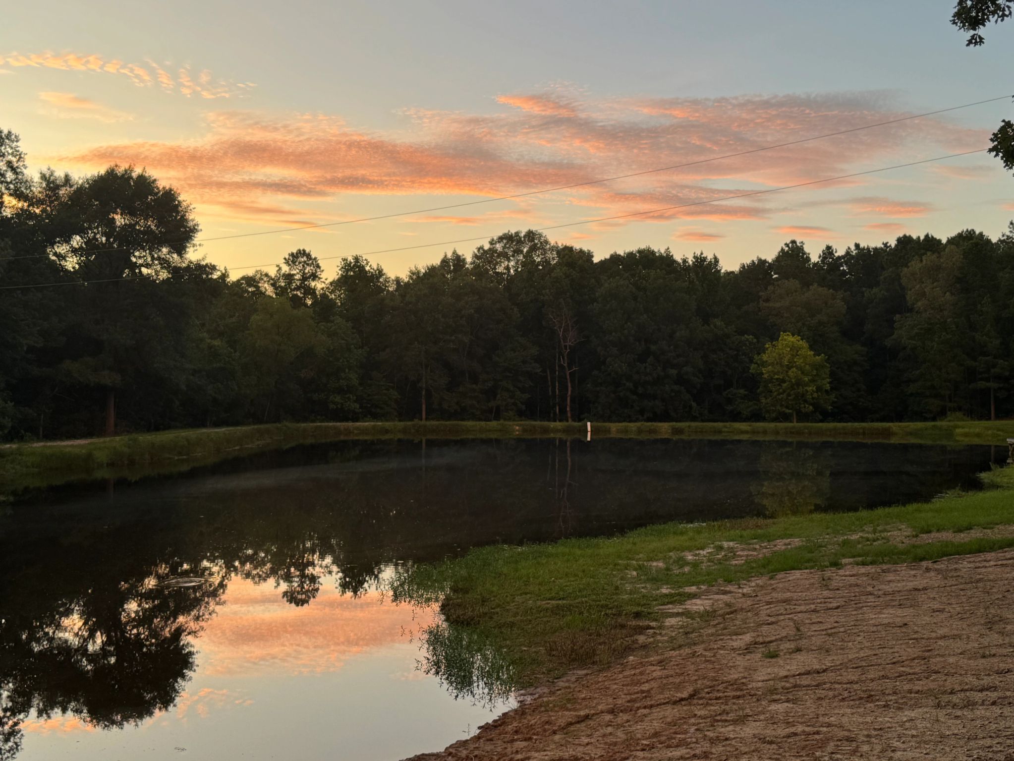 Golden-hour sunrise over the pond with mist and reflections